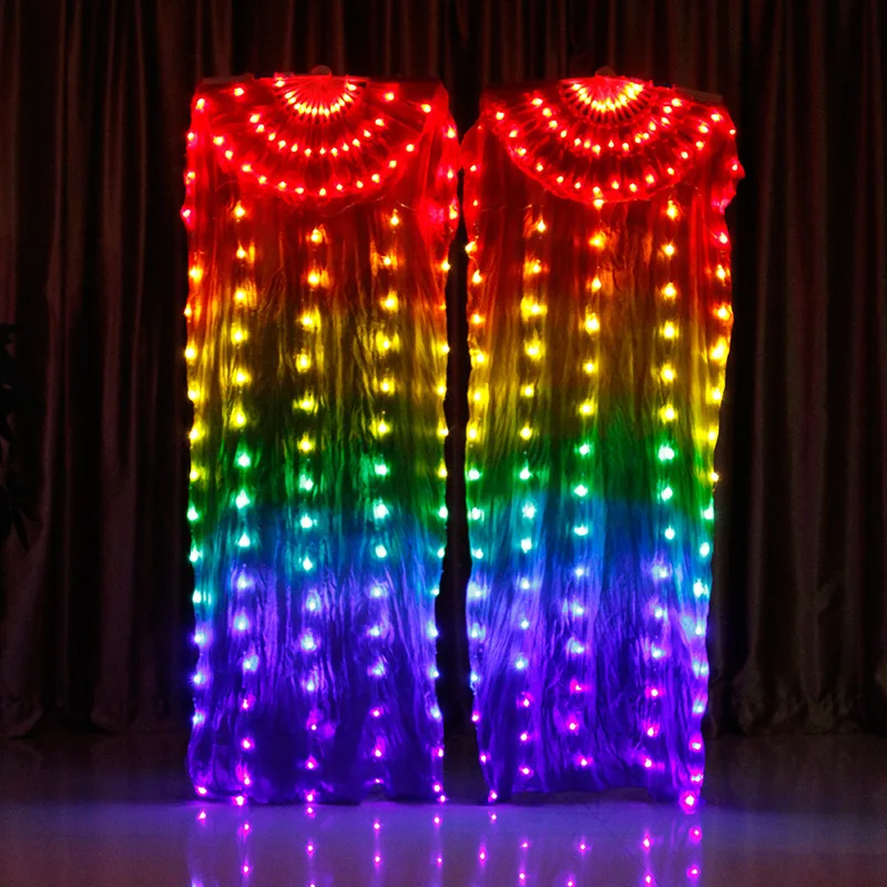 New Belly Dance LED Silk Fan Veil Colorful Stage Props Performance Accessories Light up LED Rainbow Silk Fan Veils