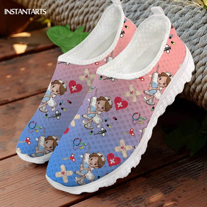 INSTANTARTS Blue and White Gradient Nursing Shoes for Women Slip On Summer Work Shoes Breathable Nurse Girls Print Walk Sneaker