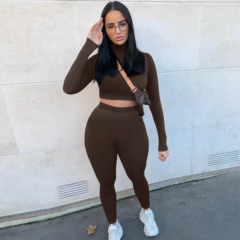 2022 Fall Winter Vrouwen Sport Fitness 2 Tweedelige Set Outfits Lange Mouwen Effen Crop Tops Leggings Broek Set Bodycon trainingspak