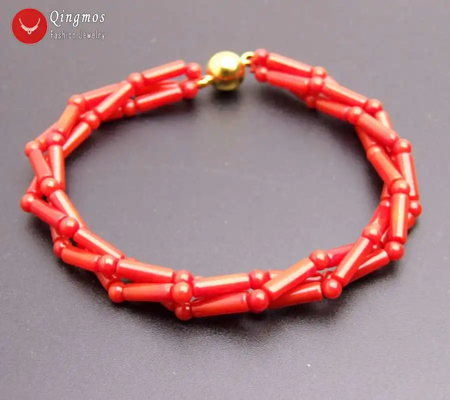 Qingmos Fashion 3*9mm Thick Slice Natural Red Coral Bracelets for Women with 3-4mm Round Coral Bracelet Jewelry 7.5\'\' bra487