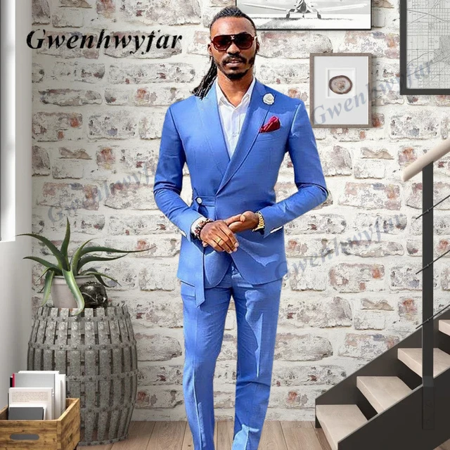 Gwenhwyfar Color Azul Blazer Para Traje De Hombre Con La Correa 2021 Moda Disenado Lado Abotonado Padrino Mejor Hombre Traje De 2 Piezas Trajes AliExpress