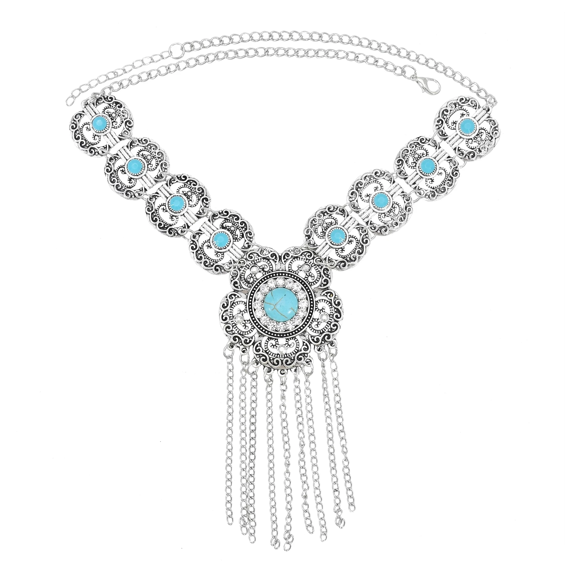 Gypsy Red Blue Stone Vintage Long Tassel Necklaces for Women Boho Turkish Tribal Afghan Hollow Flower Necklace Party Jewelry