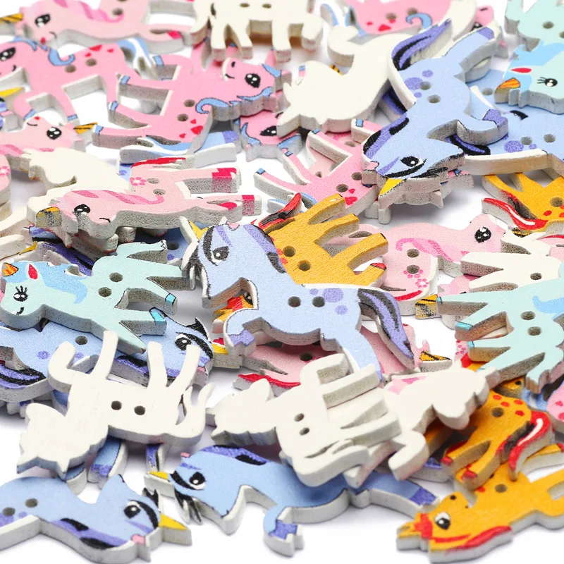 50Pcs Mixed Unicorn Pattern Wooden Buttons For  Clothing Sewing Buttons Crafts Decoration Scrapbooking DIY Accessories