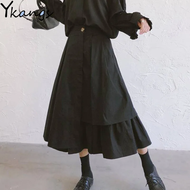 

vintage summer New Black Long Pleated Skirt Women White High Waist Irregular Skirt Big Swing Midi Skirt Gothic Streetwear saias