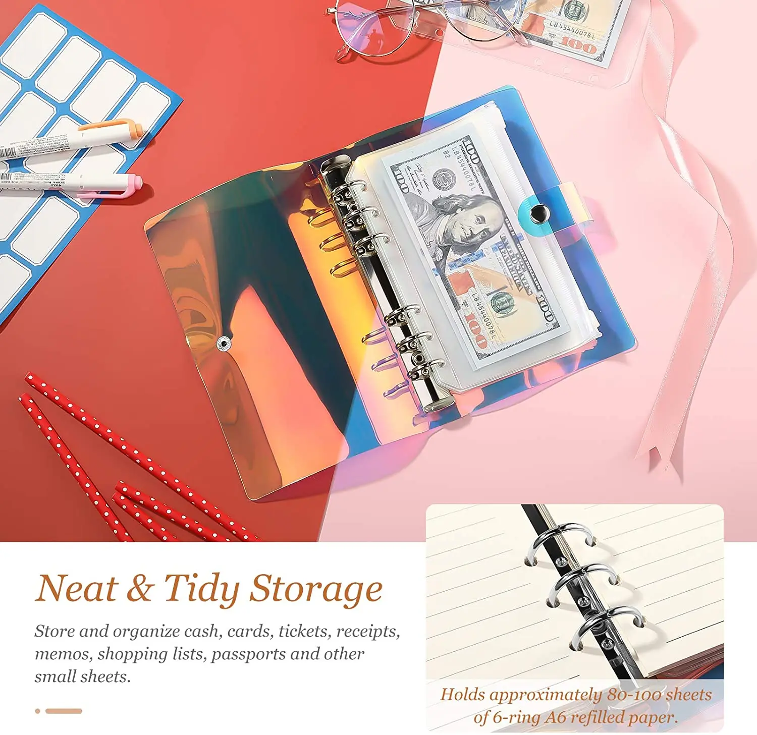 A6 Clear Soft PVC Binder Budget Notebook Cover Planner Folder Cash Budget Envelope System with 8PCS Binder Zipper Pockets