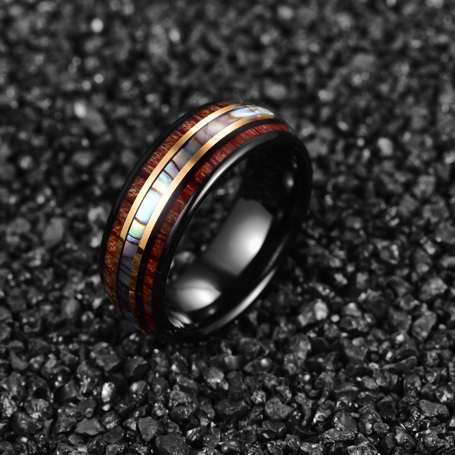 BONLAVIE 8mm Black Gold Inlaid Wood Grain Abalone Shell Tungsten Carbide Men's Ring Fashion Wedding Jewelry