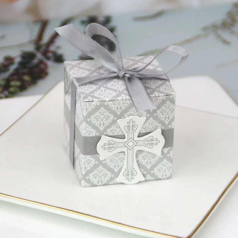 

50/100pcs Cross Candy Box With Ribbon Favor And Gift Box For Baby Shower Baptism Birthday Wedding Decoration Party Supplies