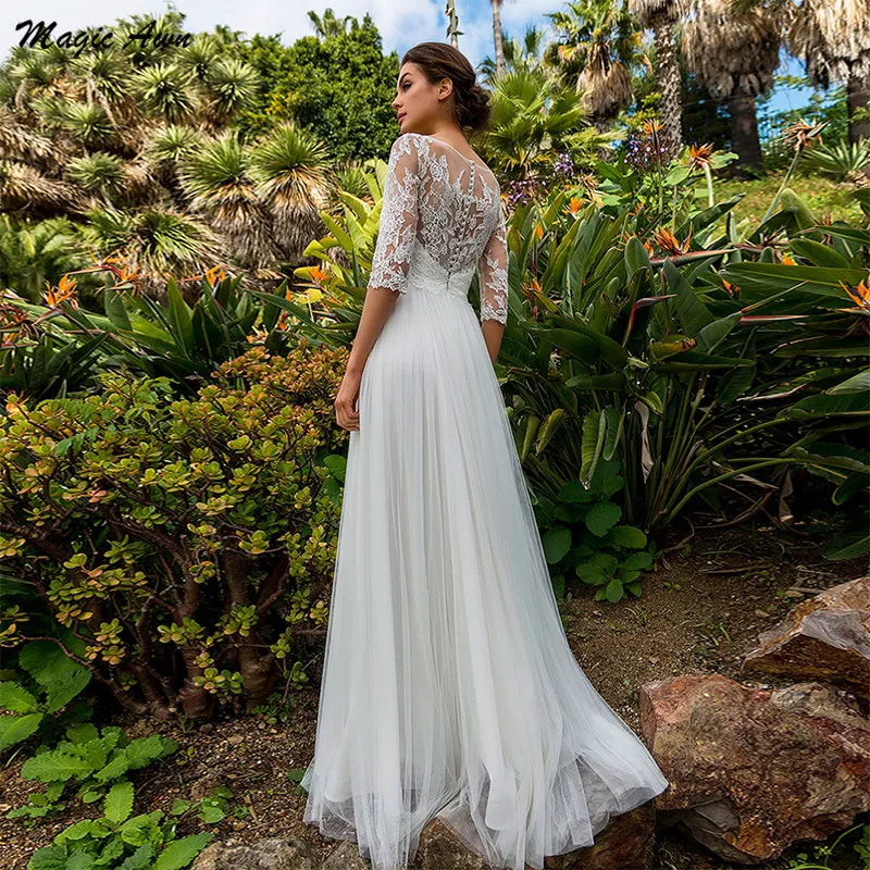 Magic Awn New Bohemian Lace Tulle abiti da sposa mezza manica Appliques Illusion Princess Beach A-Line abiti da sposa Robe Mariage