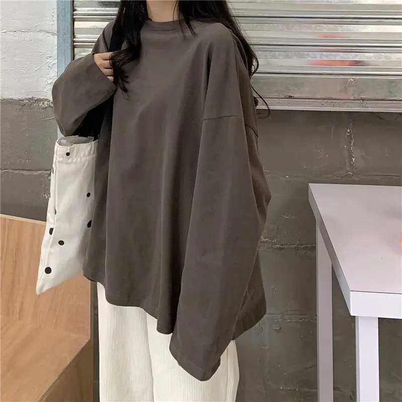 Long Sleeve T-shirts Women Solid Split Minimalist Korean Style Students All-match Spring Casual Basic Sweet 7 Colors Loose Ins