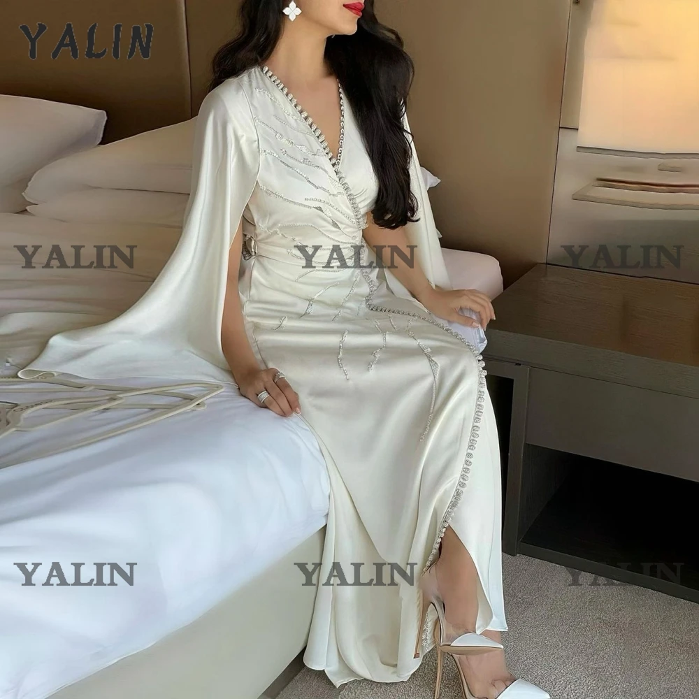 Customized Arabic Satin Moroccan Evening Dresses Cape Sleeve Beaded Long Formal Dress Dubai V Neck Robes De Soirée Customer Made