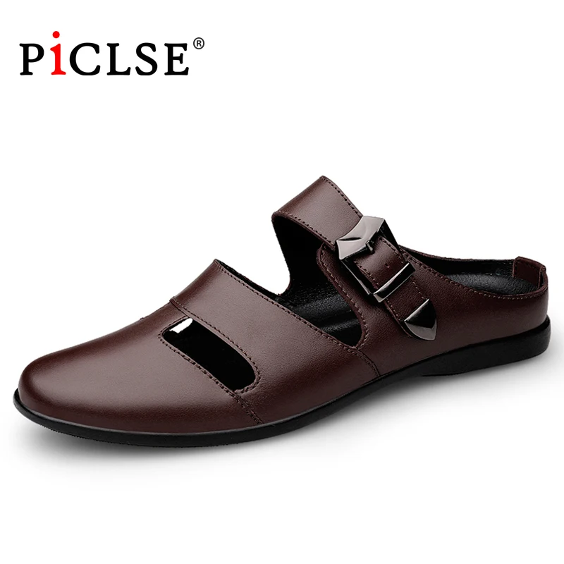 Larg size Genuine Leather Men Slippers Breathable Leather Shoes Men Sandals Moccasins Men Half Slippers Summer Mules Men Shoes