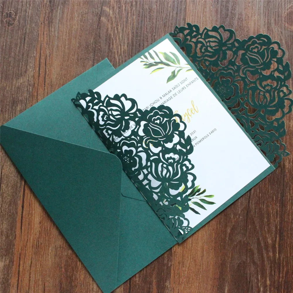 Green Laser Cut Wedding Invitation Card Envelope Fall Winter Birthday Bridal Shower Invites Personlaized Text Printing