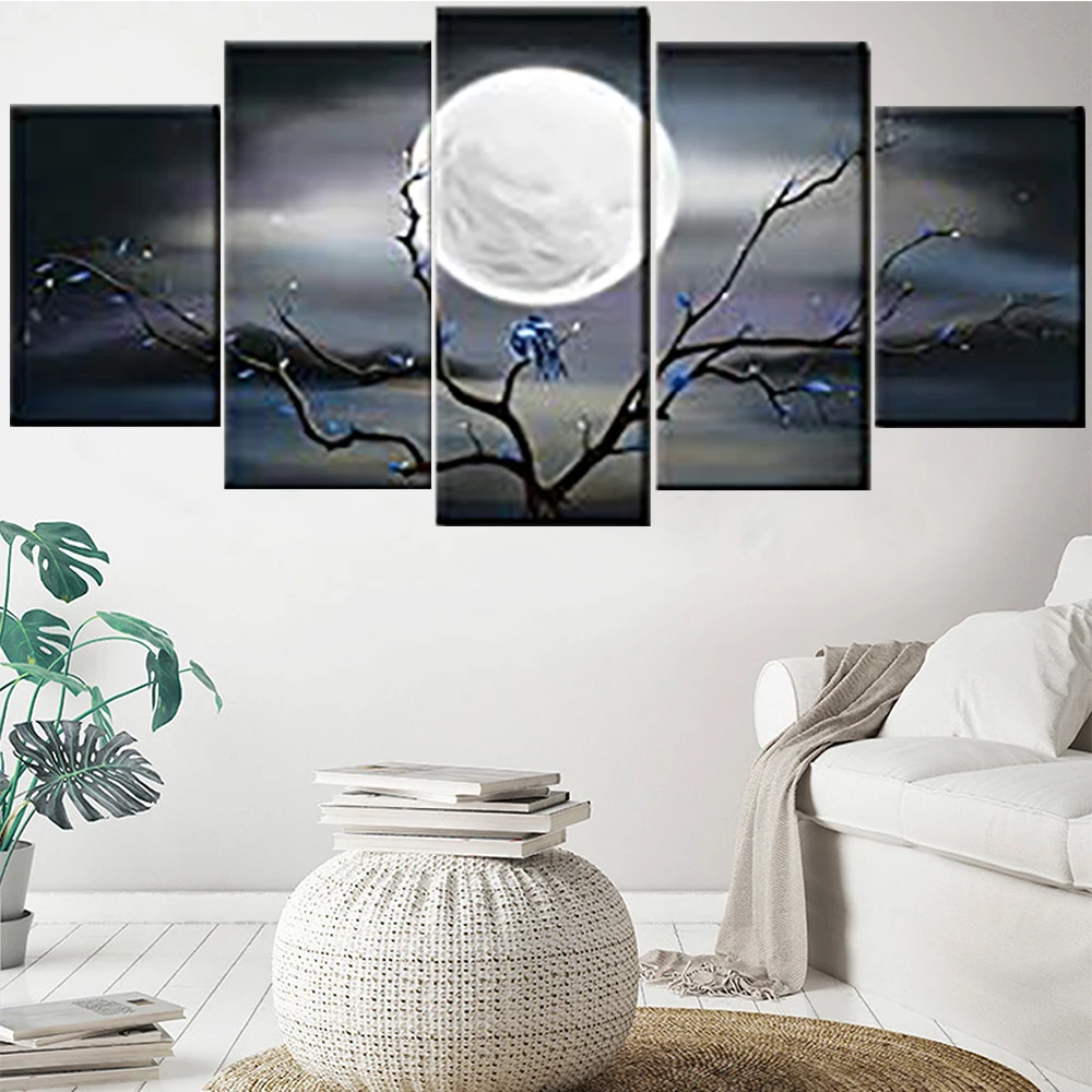 

5 Pieces Wall Art Canvas Painting Big Full Moon over Ocean Landscape Modern Abstract Pictures For Living Room Home Decoration