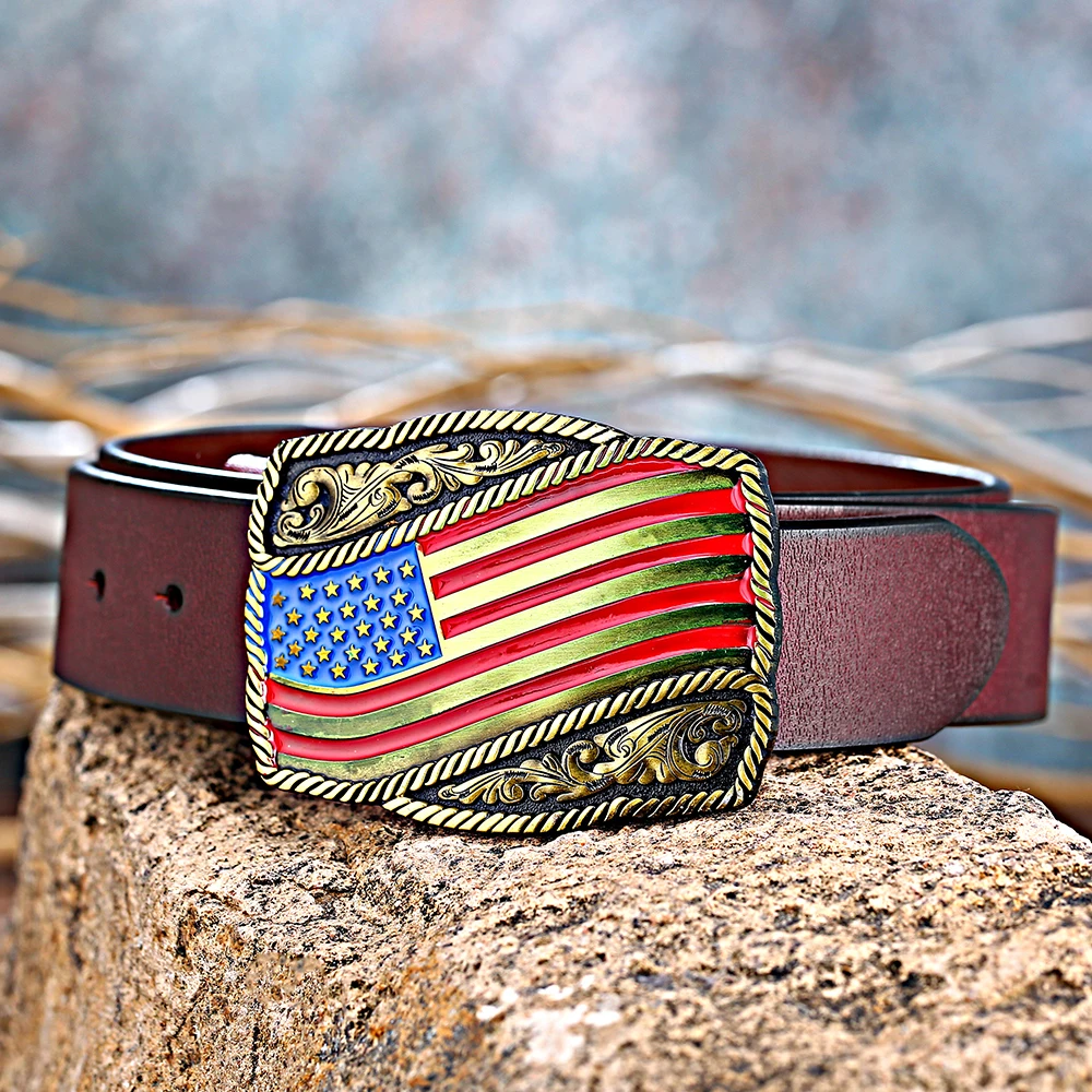 

Western cowboy belt with a vintage American flag pattern novelty buckle for men's and women