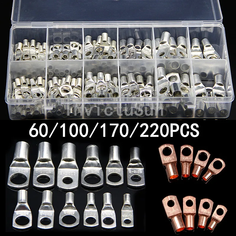 

60/ 100/170/220Pcs Copper Cable Lugs Ring Terminals Kit SC6-SC25 Tinned Cable Lugs Battery Bare Cable Wire Connectors