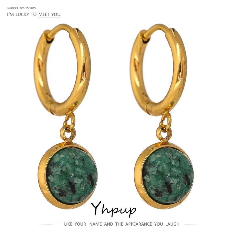 Yhpup Stainless Steel Green Natural Stone Hoop Earrings New Golden Metal Geometric Charm Jewelry Joyería Acero Inoxidable Mujer