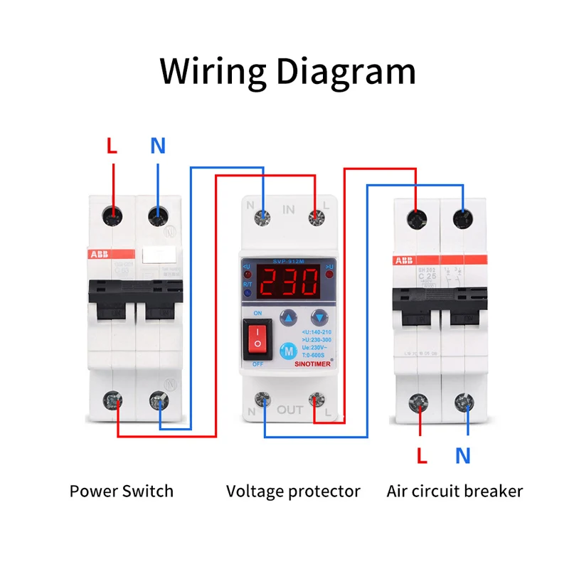 40A 220V Din Rail Adjust Reconnect Over and Under Voltage Protector Relay Protective Overvoltage Protection ON/OFF Rocker Switch