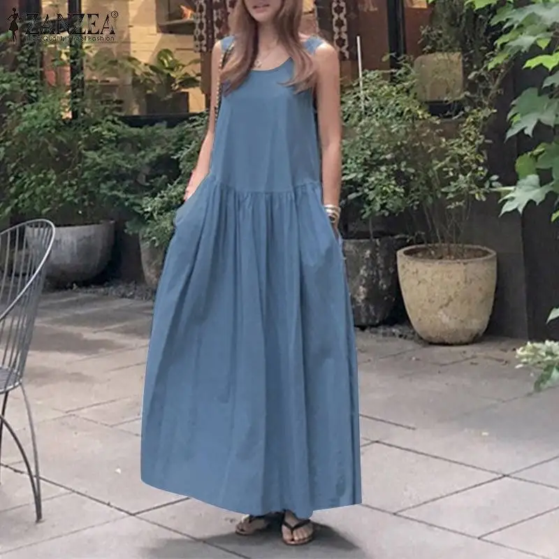 Elegant Denim Blue Dress Women\'s Summer Sundress 2023 ZANZEA Sleeveless Tank Vestidos Female Pleated Beach Robe   7