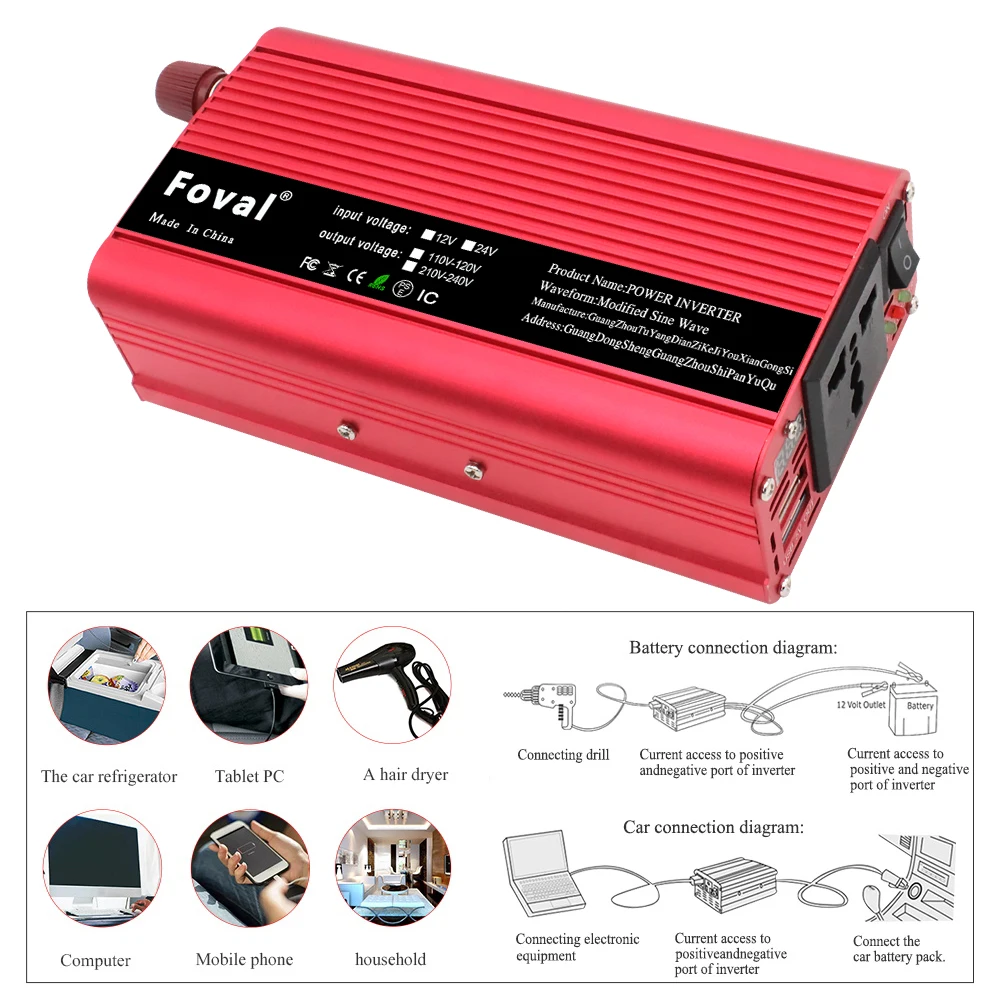 2600W/2000W/1500W Car Power Inverter LED Dual USB Peak DC 12V to AC 220V Portable Charger Converter Modified Sine Wave Solar