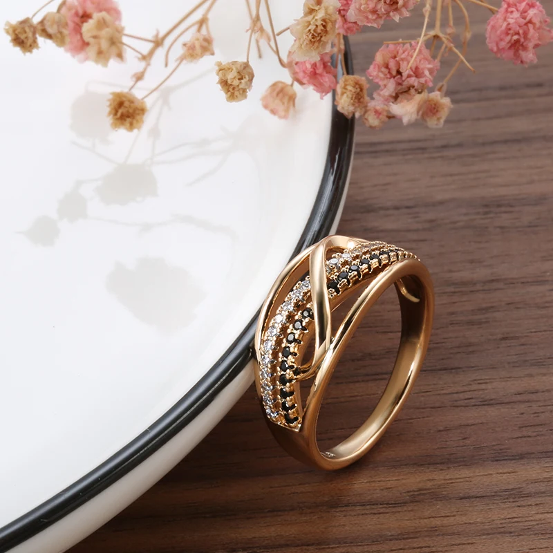 Kinel New Ring 585 Rose Gold With Black Natural Zircon Fashion Waves Rings for Women High Quality Daily Fine Vintage Jewelry