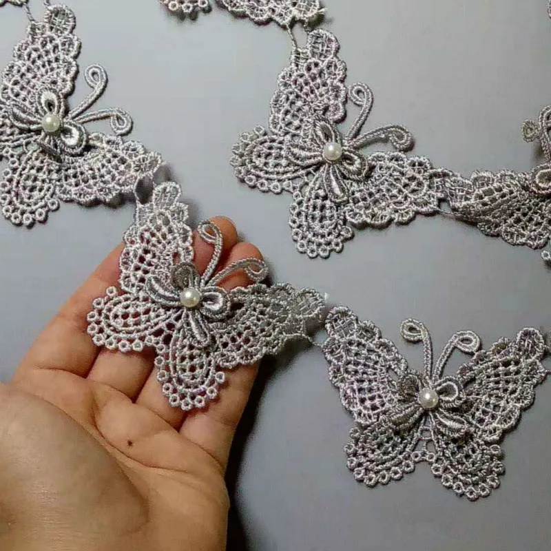 2 Yard Gray Butterfly Pearl Embroidered Lace Trim Ribbon Applique Sewing Craft Crochet Fabric Edging Trimmings Wedding