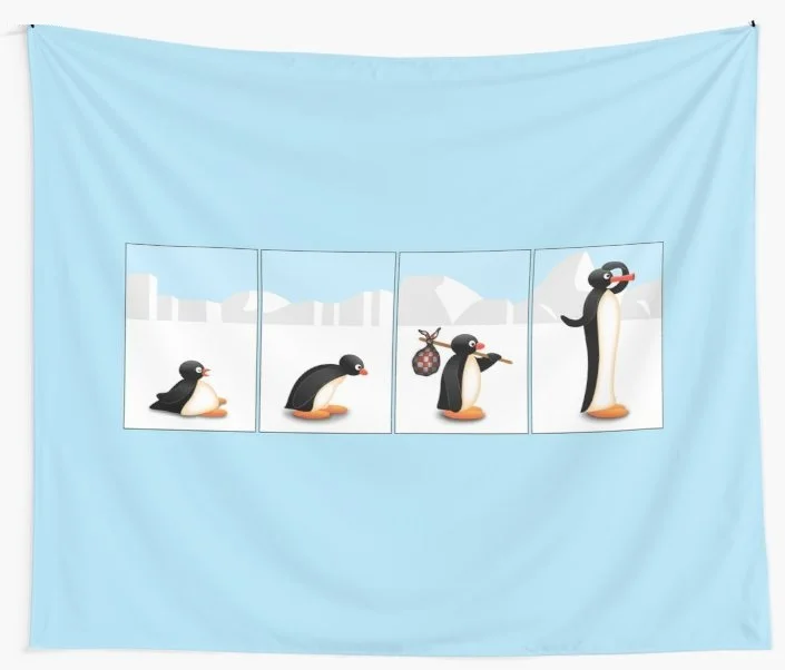 The Penguin Evolution Home Tapestry Blue Wall Hanging Art Polyester Cartoon Theme Wall Decor for Dorm Room Bedroom Living Room