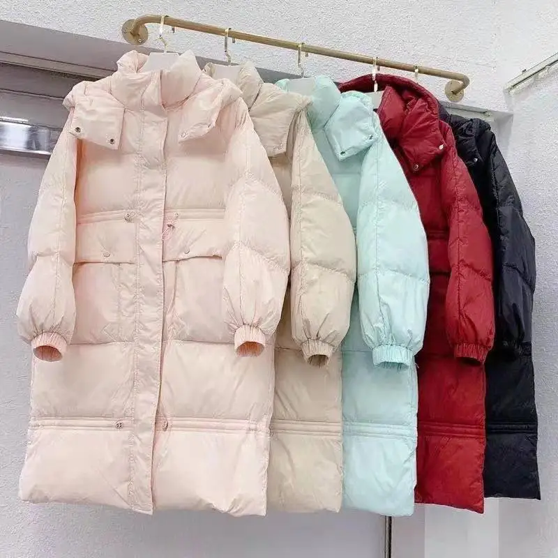 Women\'s 2024 new white duck down over the knee mid-length down jacket Korean style hooded loose coat women\'s clothing