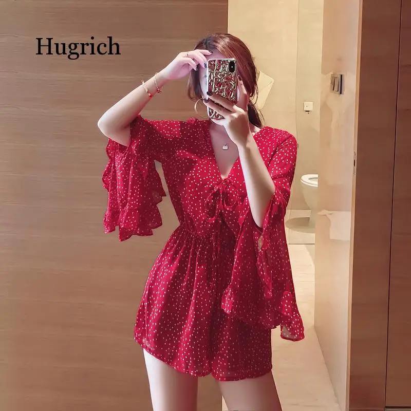 

Women Playsuit Summer Beach Chiffon Polka-Dot Jumpsuits Rompers Long Sleeve Party Female Loose Falbala Flounce Jumpsuits