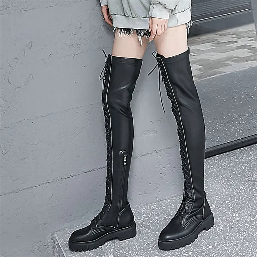 2025 Winter Warm Shoes Women Stretchy Low Heels Over The Knee High Snow Boots Female Lace Up Round Toe Platform Fashion Sneakers