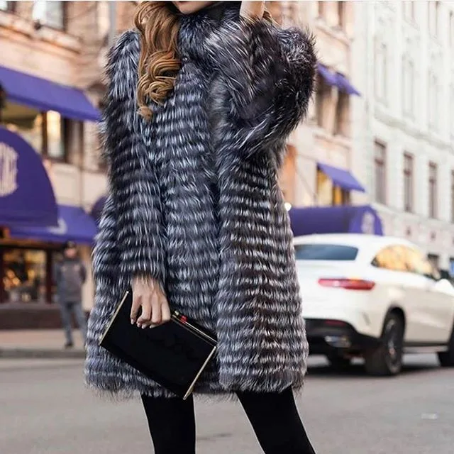 Women's Striped Real Silver Fox Fur Coat, Long Cardigen with Wool Lining, Big Size Clothes, Elegant Outwear, Spring, Lux18A09164