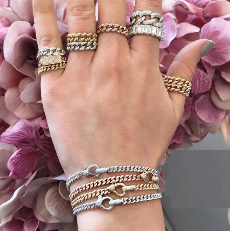 NEW design thin cz cuban link chain paved cubic zirconia lobster clasp iced out bling cuban bracelet for women
