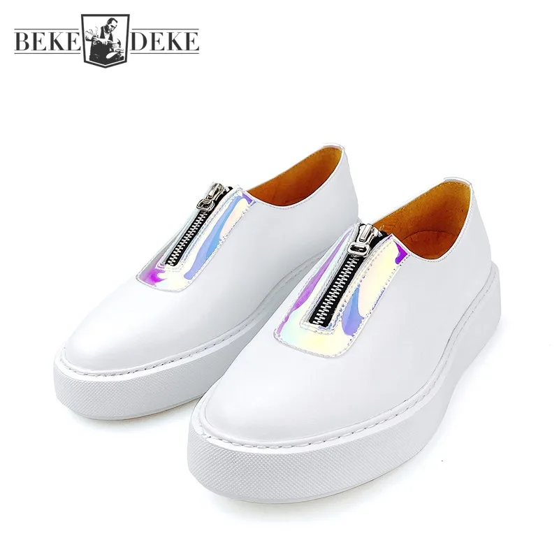 Designer White Shoes Men Fashion Front Zipper Platform Loafers Breathable New Mens Genuine Leather Casual Sneakers Size 45