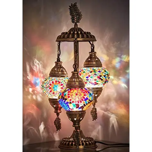 LaModaHome 2020 Stunning 3 Globe English Moroccan Bohemian Table Desk Bedside Night Lamp Light Lampshade with North American Plu