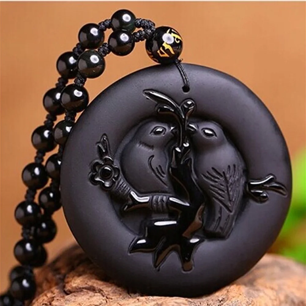 Drop Ship Black Obsidian Bird Necklace Pendant Lover's Pendant With Beads Chain