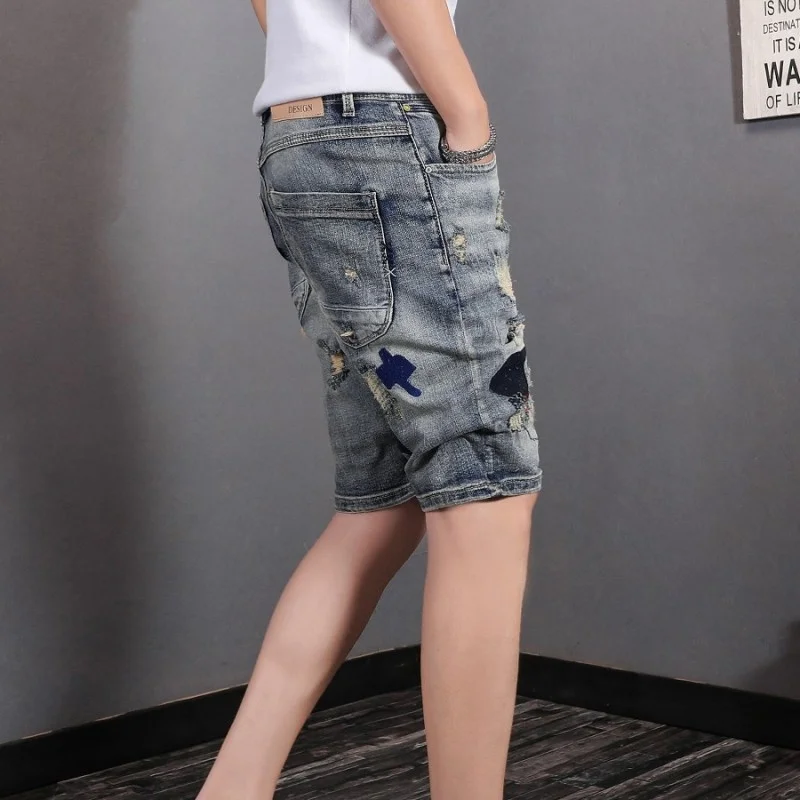 

Men Vintage Summer Hole Ripped Denim Shorts High Street Slim Fit Short Jeans Knee Length Male Embroidery Fashion Cowboy Shorts