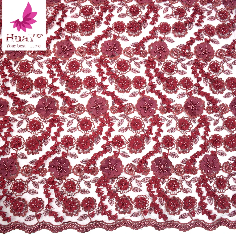 Burgundy Handwork Beaded Tulle 3d Flower Pearls Lace Sequence Fabric For Evening Dress HY0787