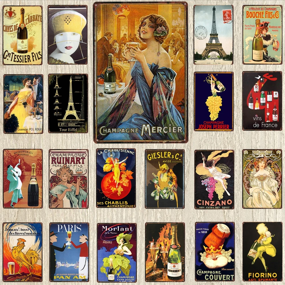 

【YZFQ 】Paris Champagne Plaque Metal Vintage Wine Tin Sign Travel Souvenir Wall Bar Art Restaurant Home Decor 30X20CM DU-6307A