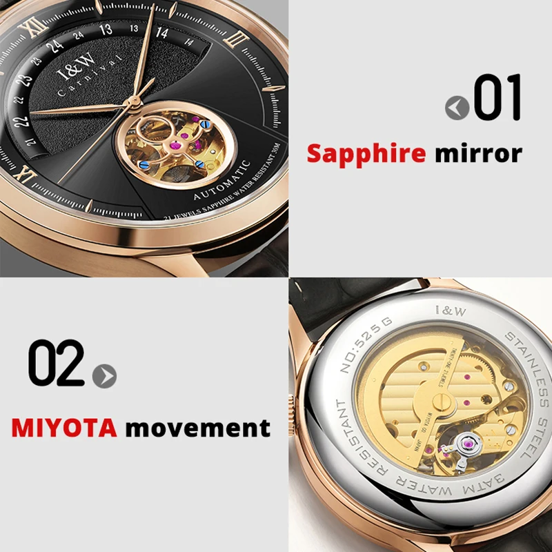 MIYOTA Movement Tourbillon Watch CARNIVAL Automatic Watch Men Mechanical Watches Sapphire Glass Leather Waterproof Montre homme