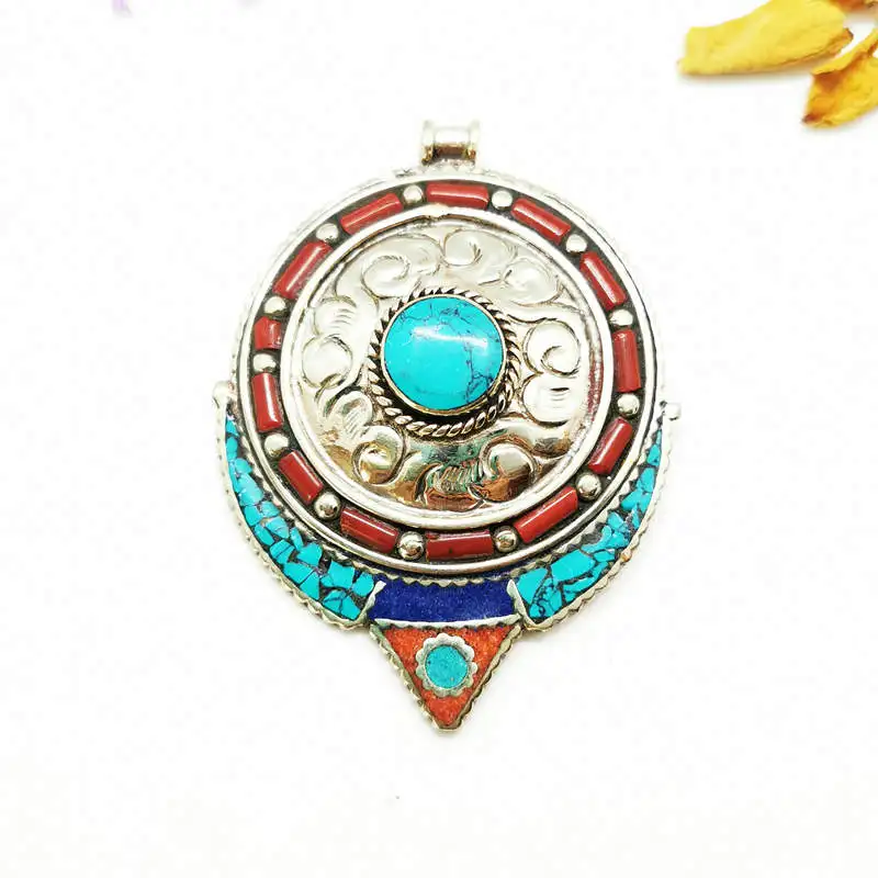 Tibetan Jewelry Nepal Vintage Pendant Copper Inlay Colorful Stone Pendants TBP465