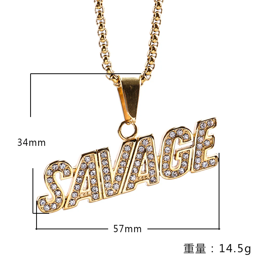 Hip hop Punk Savage Letter Necklace & Pendant Shiny Ice Out Link Chain Necklace With Tennis Chain Choker Hip Hop Jewelry for Men