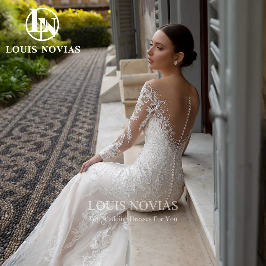 LOUIS NOVIAS-Vestido de noiva sereia com trem destacável para mulheres, manga comprida, apliques de renda, vestido de casamento 2 em 1