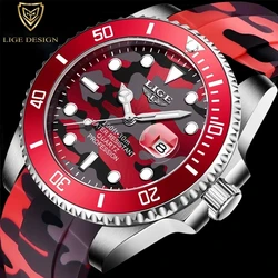 2022 New Fashion Men Watches LIGE Top Brand Luxury Camouflage Quartz Wrist Watch Sport Red Silicone Watch for Men Reloj Hombre