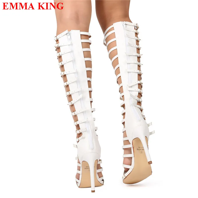 Fashion Women Summer White Gladiator Sandals Peep Toe High Heel Party Shoes Roman Buckle Strap Hollow Out Knee High Boots Women