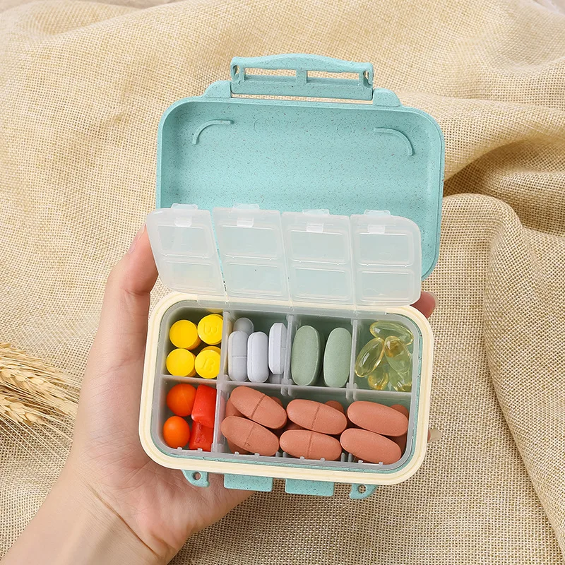 Weekly Pill Box 8 Grids Double Buckle Wheat Straw Environmentally Friendly Portable Pill Case Sealed Medicine Box