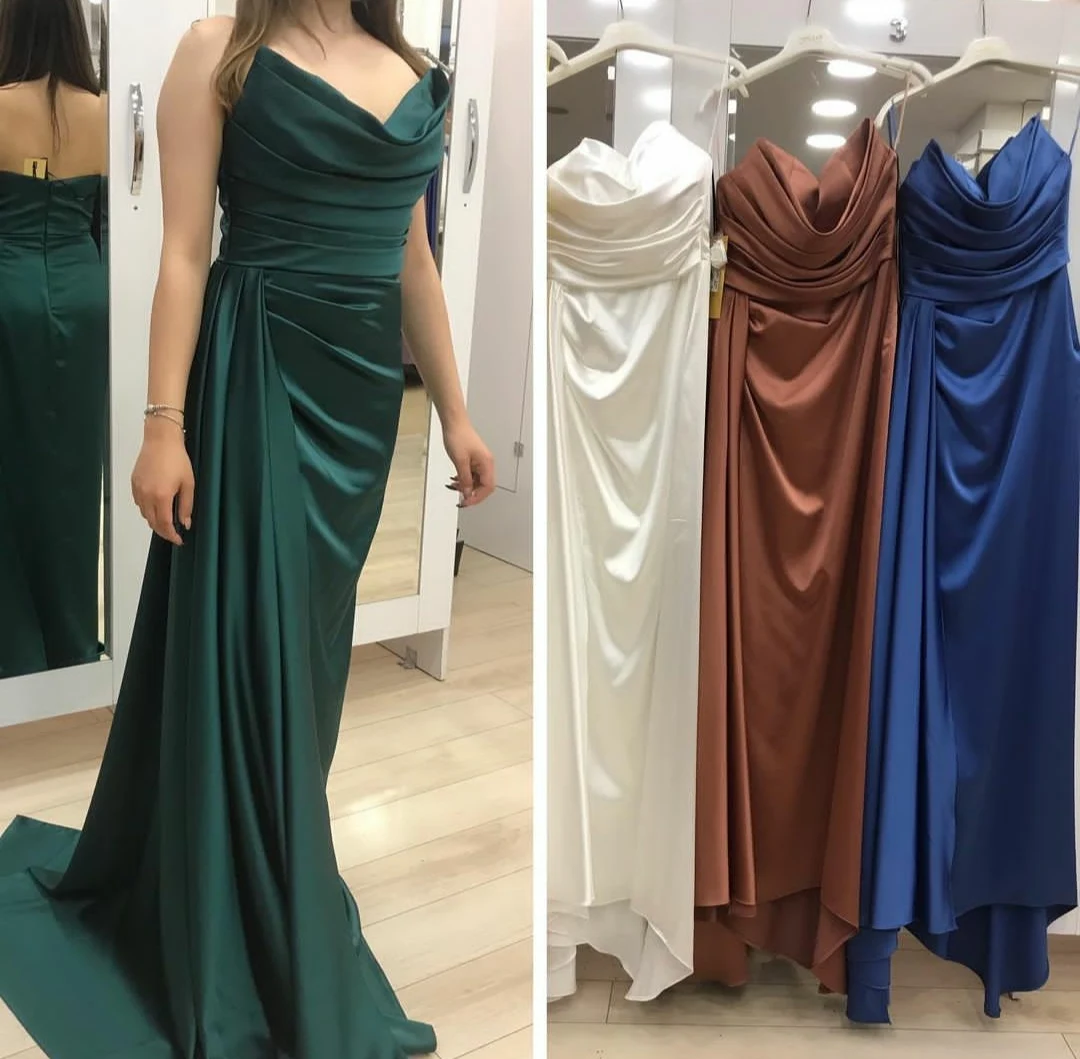 Customized Long Pleated V-Neck Satin Prom Dresses Green Lace Up Back Sweep Train Robe De Soiree Floor Length Formal Party Gown