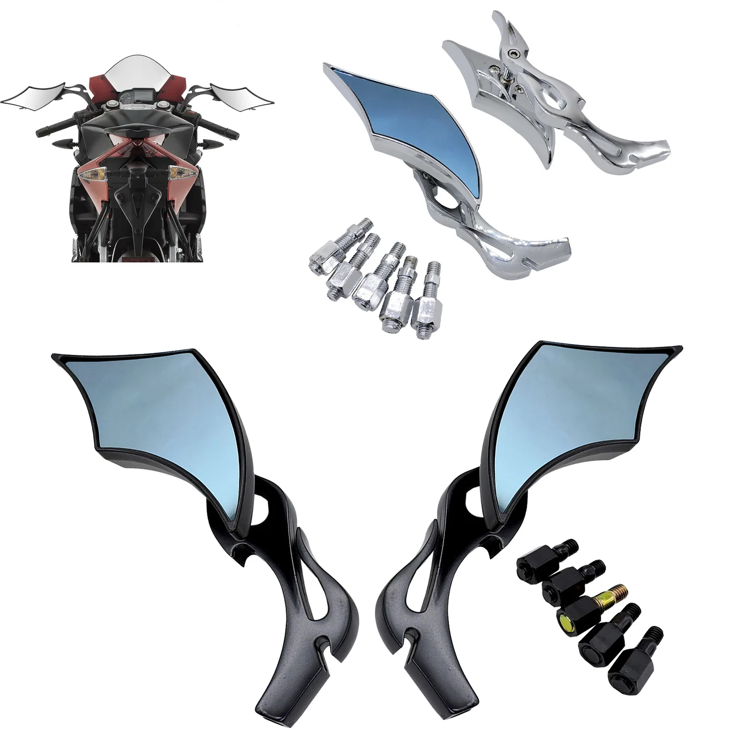 Flame Style Motorcycle Rearview Side Mirrors Blue Glass For Scooter Honda Yamaha Kawasaki Suzuki Touring Cruiser Chopper