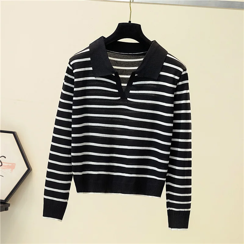 Striped v-neck pullover polo sweater women\'s early autumn all-match tops long-sleeved knitted bottoming sweaters jumpers