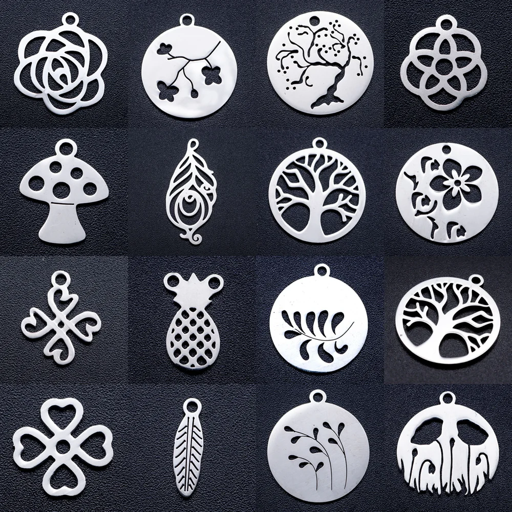 10pcs/lot Blossom Flower Fern DIY Charms Wholesale 316 Stainless Steel Tree of Life Sea Conch Pendant Plants Feather Charm