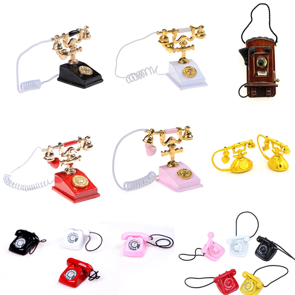 Retro Desk Phone Vintage Telephone Dolls Houses Furniture Acc Decor Children Pretend Play Toy 1/12 Metal Dollhouse Miniature