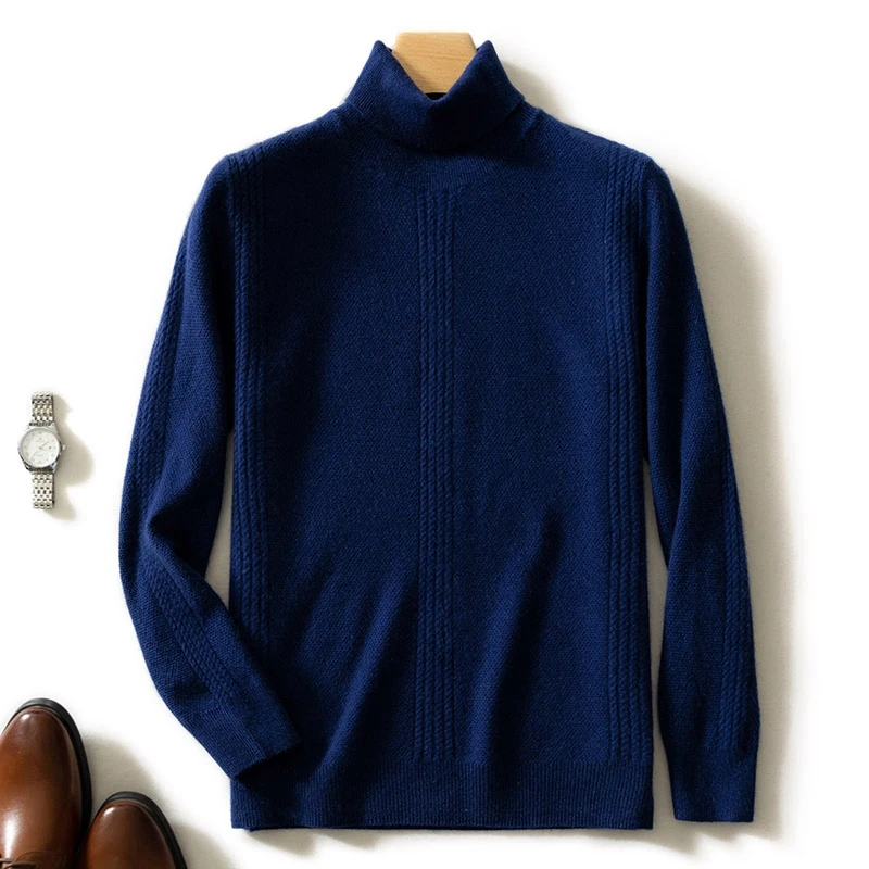 High Lapel Twist Pattern 100% Cashmere Knitted Sweaters New Fashion Autumn/Winter Men Jumpers Warm 5Colors Male Tops